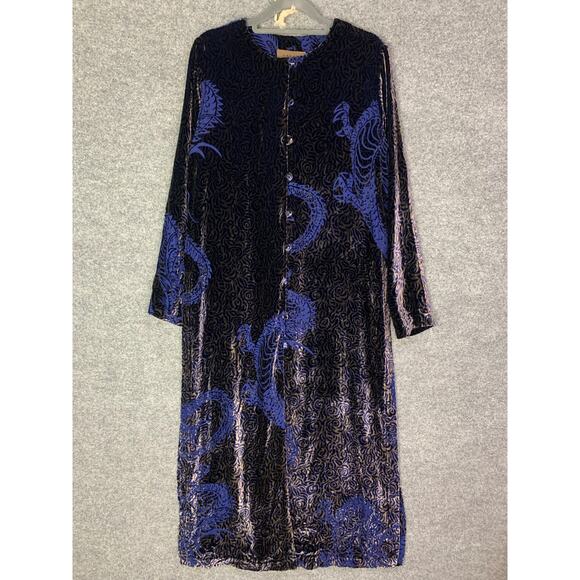 Harari Dress Velvet Silk Blend Dragon Print Maxi Long Sleeve Mandarin USA MADE S - Picture 1 of 12